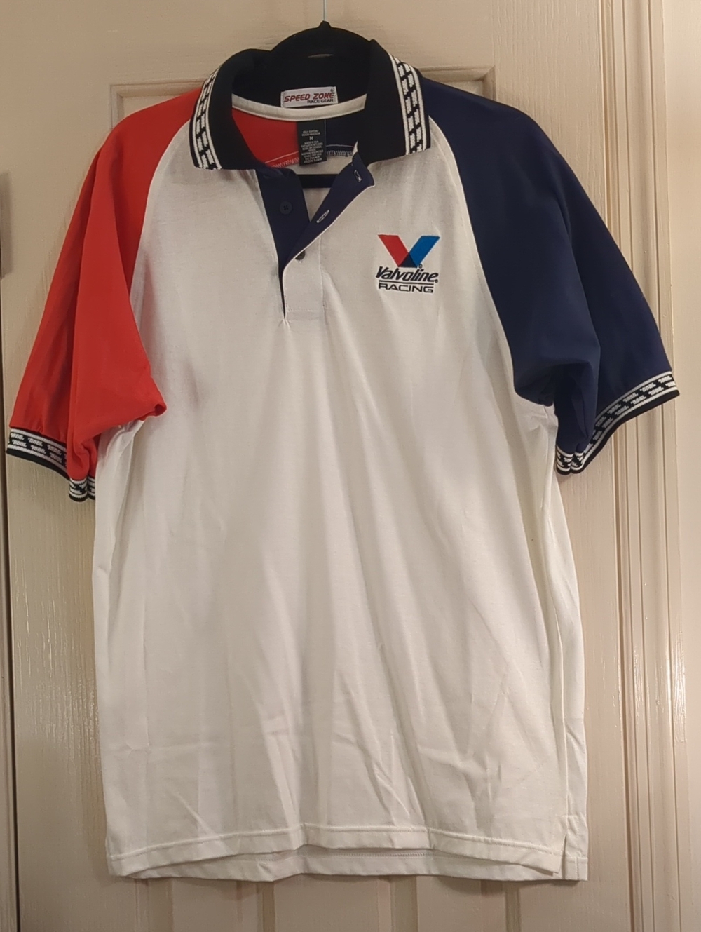 Valvoline Racing Men’s White Polo Shirt with Red & Navy Sleeves